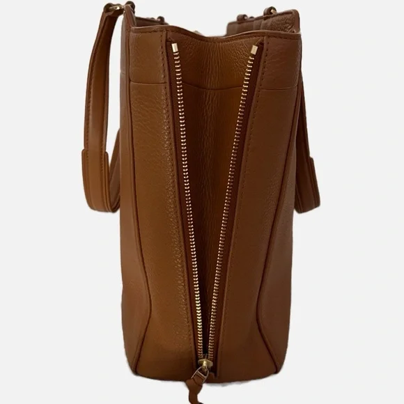 Tory Burch Ivy Side Zip Expandable Leather Tote Tan/ Caramel Pebbled Work Bag